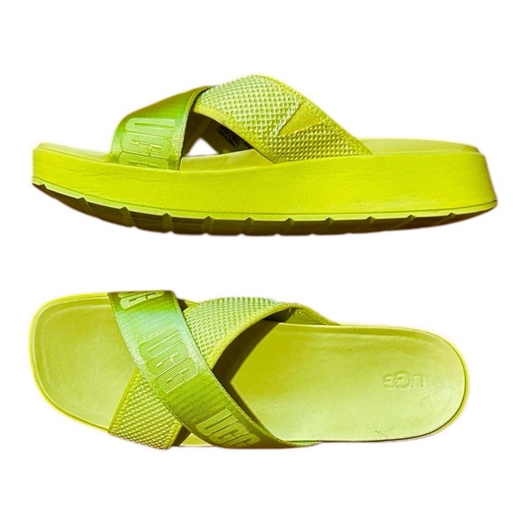 UGG Emily Mesh Slide Sandals sz 10  Pollen Yellow 1119491 Leather Footbed Sporty - Picture 2 of 6